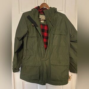 L.L. Bean Olive Green Military-Style Parkwoods Field Parka with Red Plaid Lining